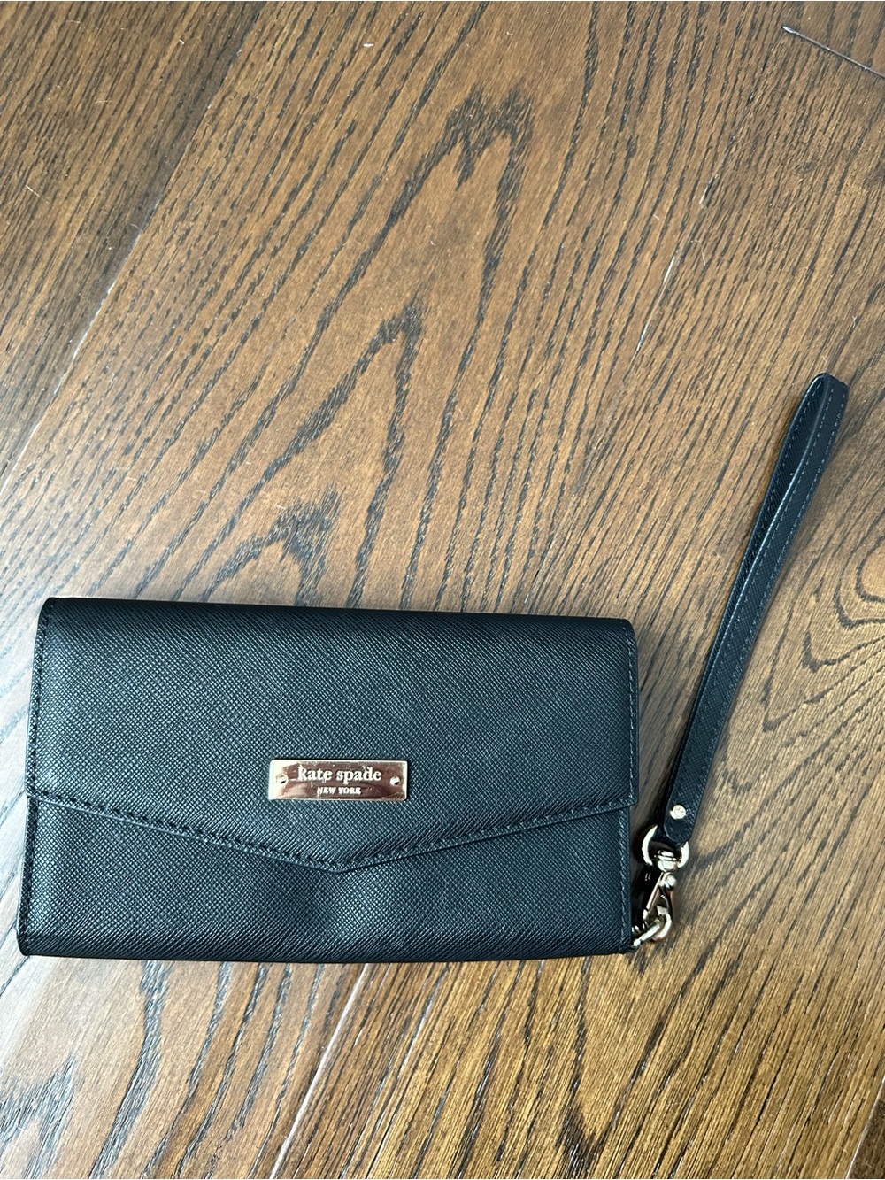 kate spade Black Leather Wristlet Wallet with Gold Plaque
